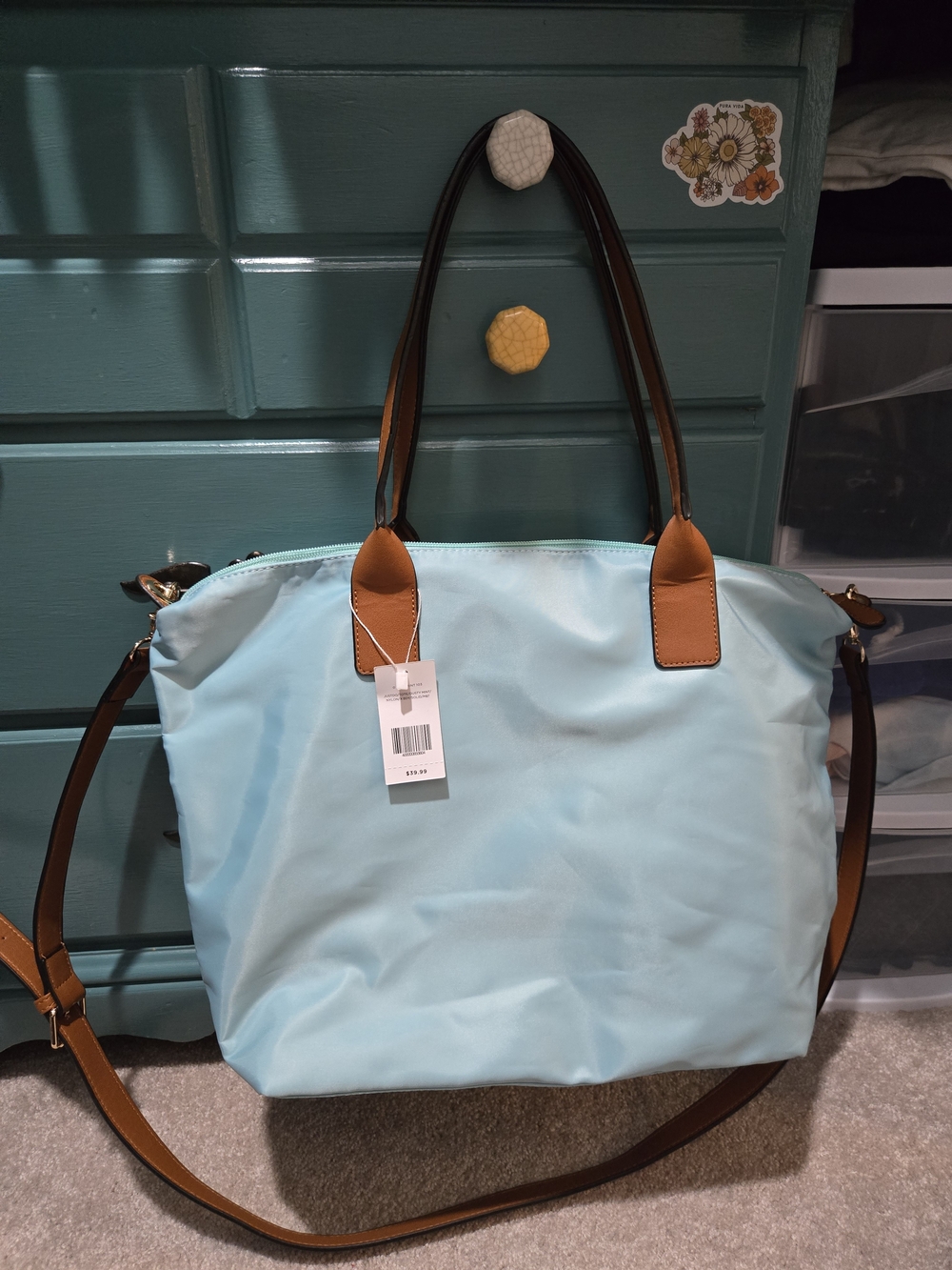 NWT Light Blue Nylon Tote with Tan Trim - Women's Shoulder Bag